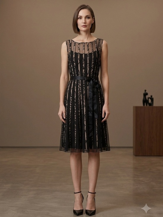 dressbarn Dresses & Skirts - Dressbarn Collection Fit & Flare Midi Black Tan Mesh Overlay Ribbon Tie Waist
